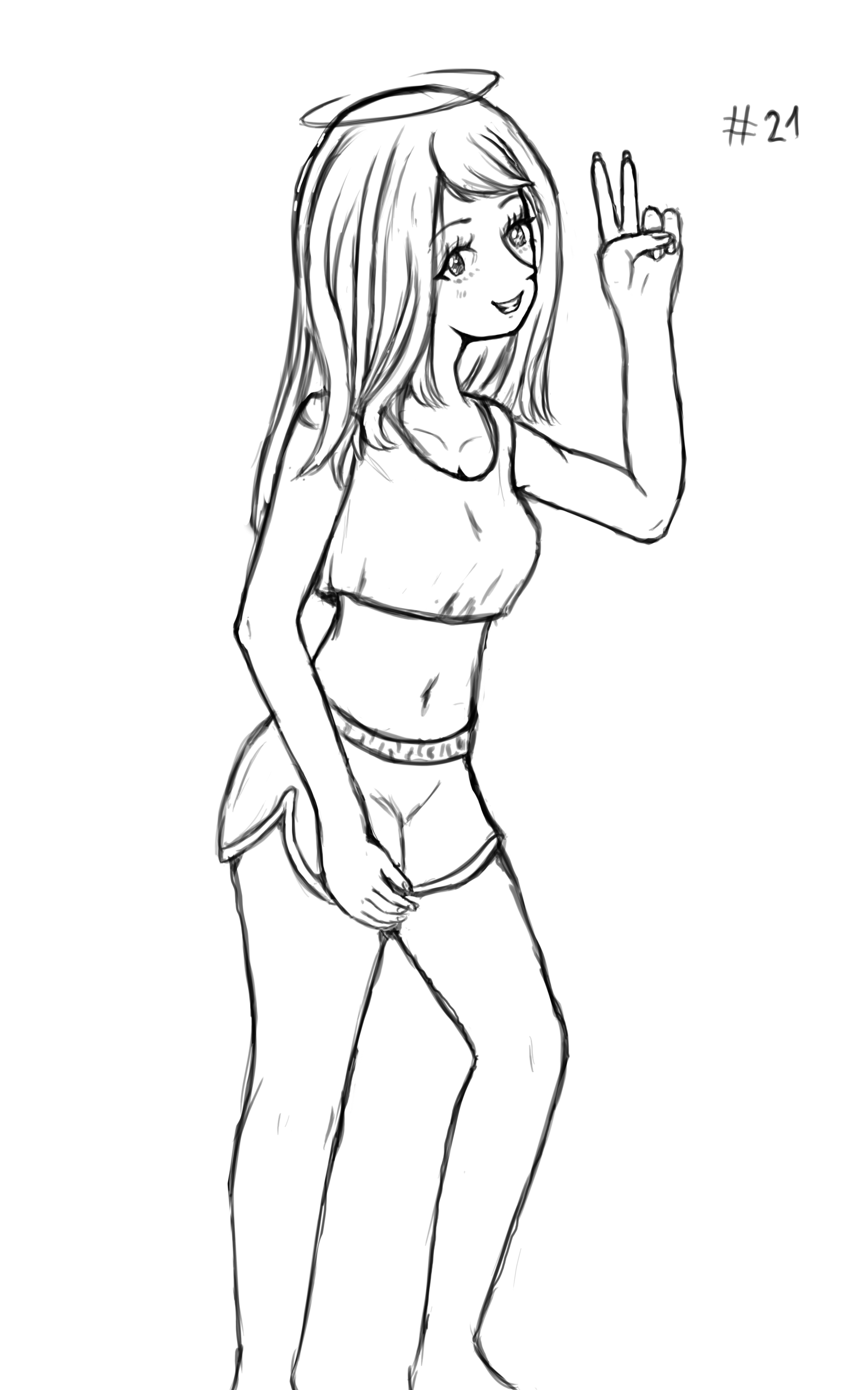A digital drawing of an angel girl wearing short shorts and a crop top making the peace sign with her left hand.