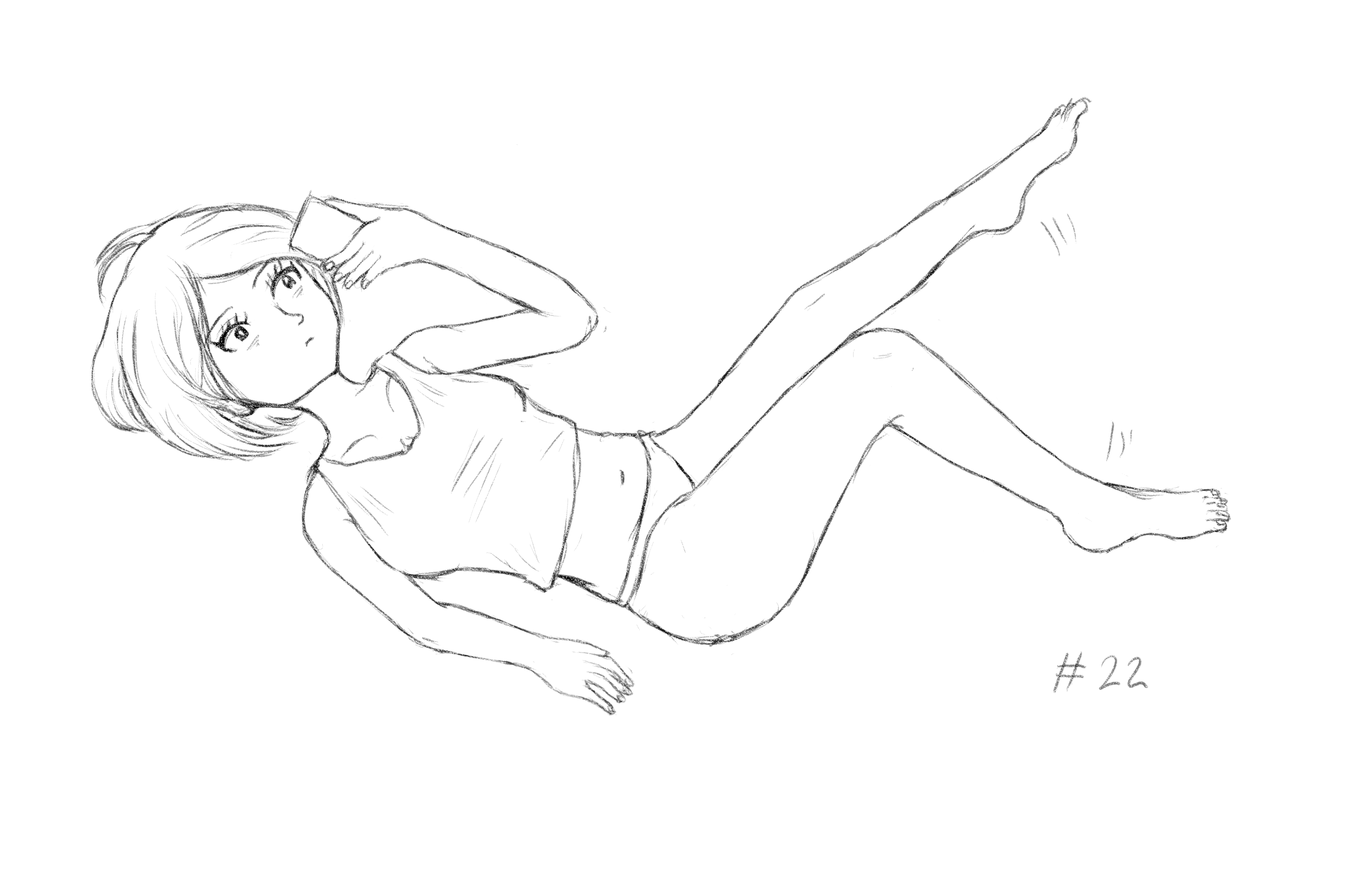 A drawing of a girl, bored, scrolling on her phone, kicking air with her legs.