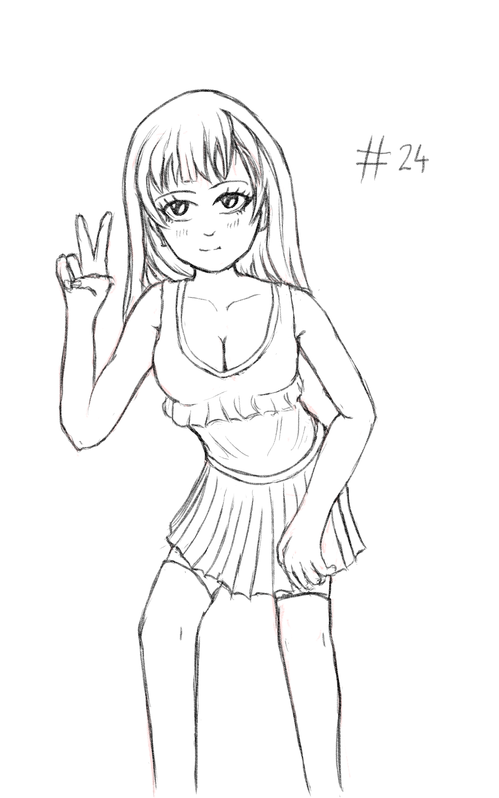 A drawing of a girl leaning forward and making a peace sign, she's wearing a frilled tank top and a short skirt.