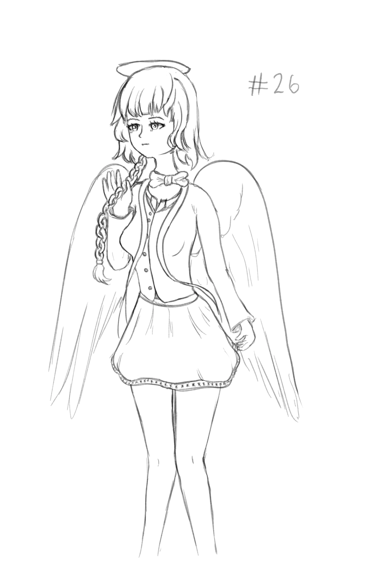 A drawing of an angel girl wearing a suit top and skirt combo. She has a bow around her neck and holding her braided ponytail in her right hand.