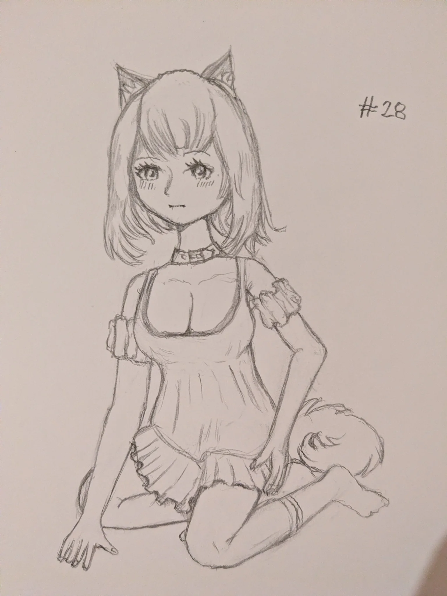 A pencil drawing of a foxgirl sitting/kneeling. She is wearing a dress top with cleavage and a collar as a choker.