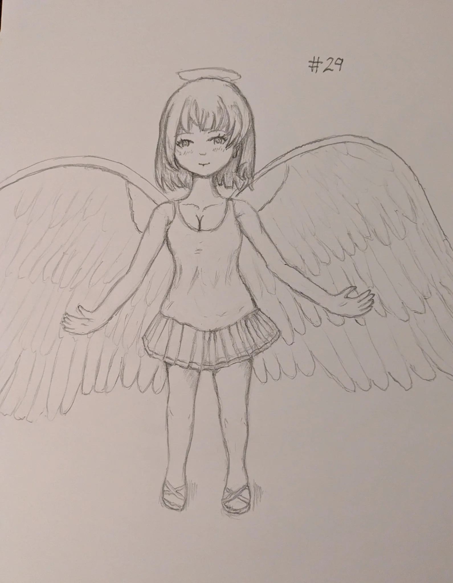 A pencil drawing of an angel girl standing, arms and wings spread wide as to look powerful.