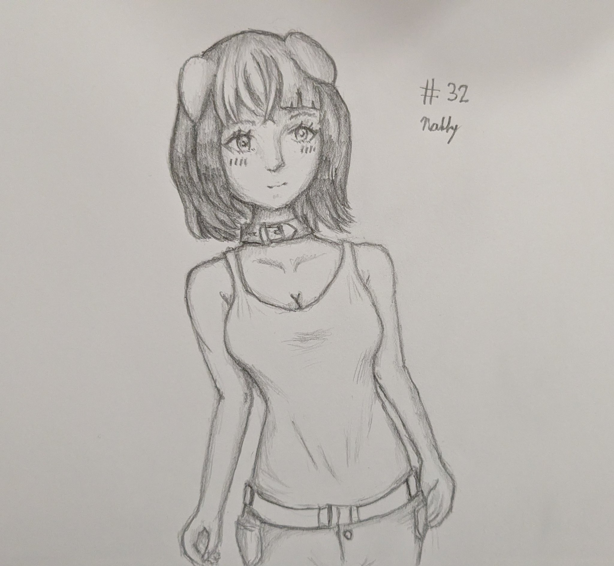 A shaded pencil drawing of a puppygirl wearing a tank top and jeans. She's mildly blushing and looking content.