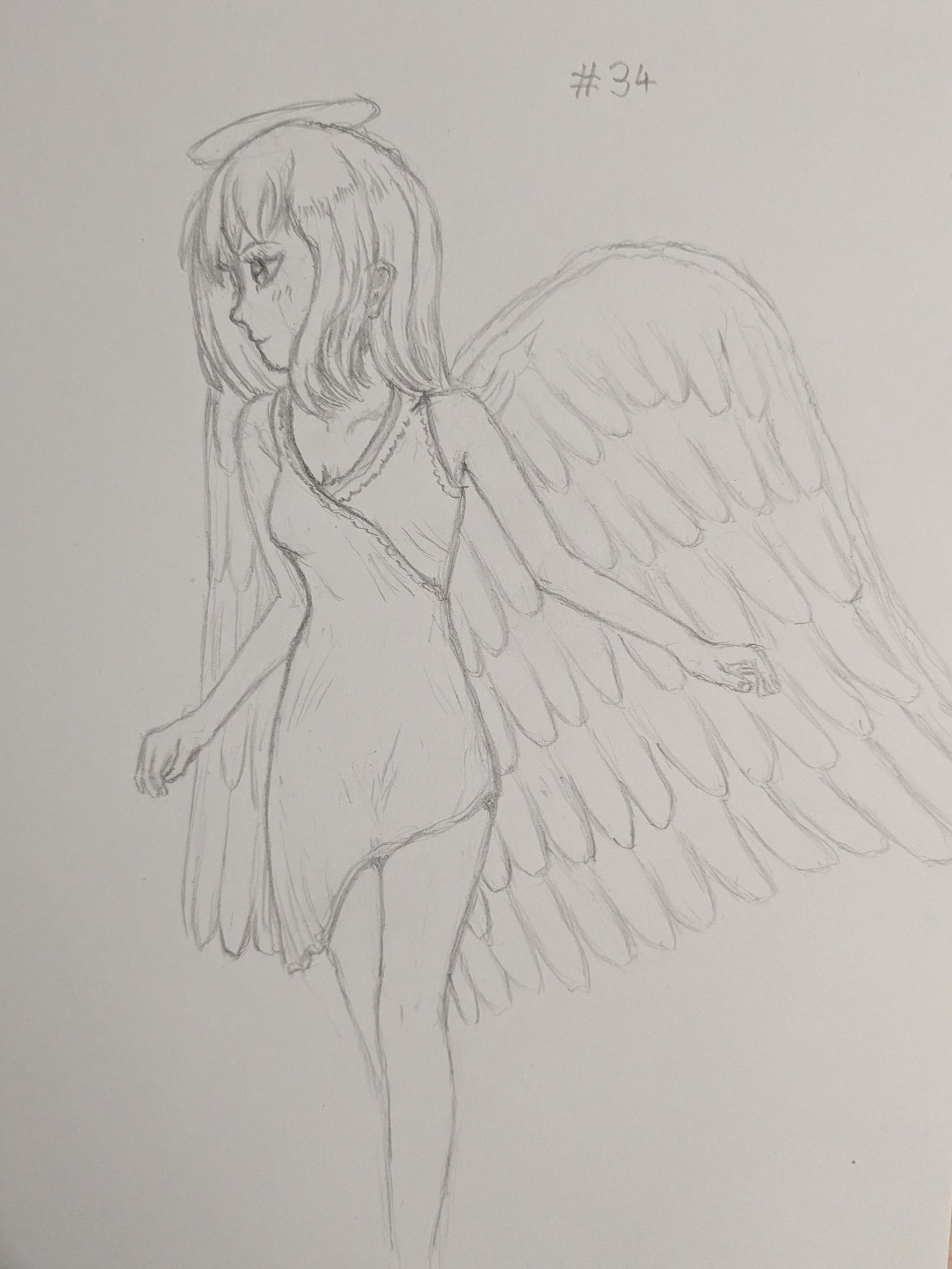 A pencil drawing of an angel girl with majestic wings wearing a dress, pondering something out of frame.