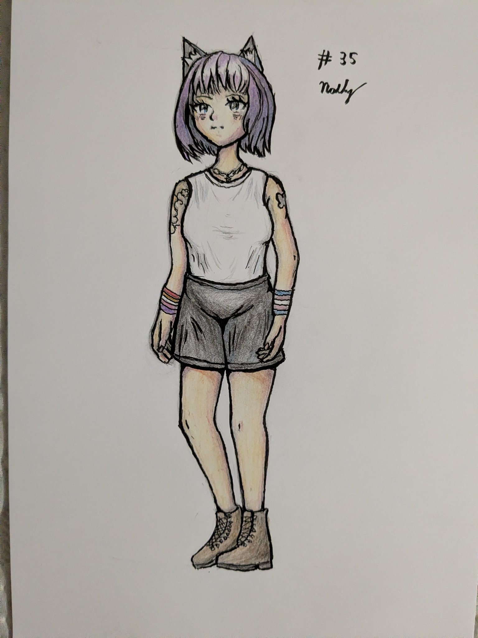 A marker and pencil drawing of a fox girl wearing a white tank top and gray shorts. She has floral tattoos and is wearing a lesbian and a trans armbands.